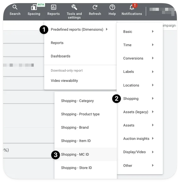 Google Ads predefined reports menu, selecting Shopping – MC ID